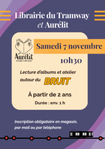 Affiche pour lecture et atelier jeunesse, animation organisée le samedi 7 novembre 2026